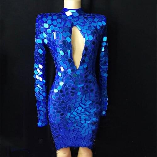 Shining Blue Lens Short Dress Stretch Skirt Evening Party Wear Prom Sequins Dresses Singer Birthday Celebrate Costomes XS1948
