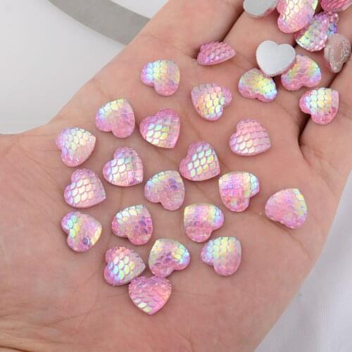 BOLIAO New 30Pcs 12*12mm ( 0.47*0.47in ) Heart Shape Fish scale Pink Resin Flatback Appliques/Craft/Wedding Decoration DIY