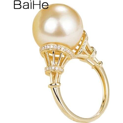 BAIHE Solid 14K Yellow Gold 13.5mm Golden freshwater pearl 0.16ct Diamonds Fine Jewelry Wedding Gift Engagement Ring for Women
