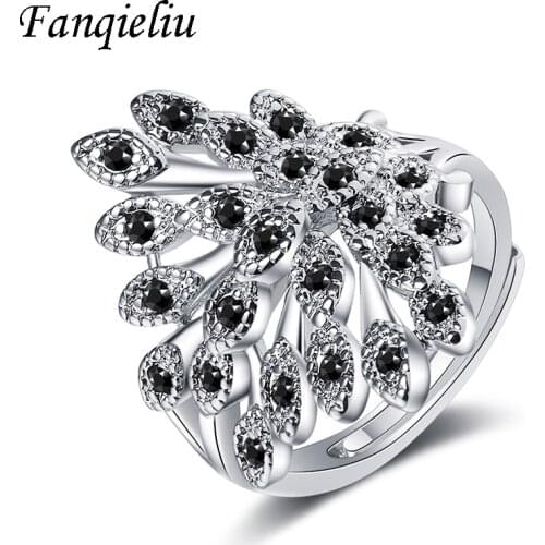 Fanqieliu Black Crystal Luxury Jewelry Cuff Wedding Bands Solid 925 Sterling Silver Ring For Women FQL20515