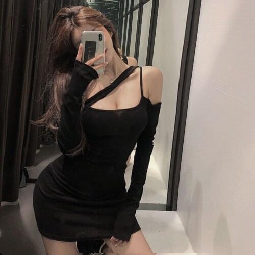 Hong Kong flavor sexy hip skirt dress Sexy suspender dress sexy halter dress female long-sleeved bag hip skirt with bottoming dr