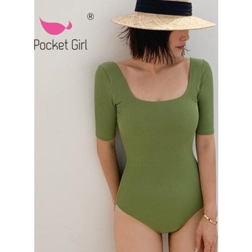 Pocket Girl 2021 Korea Style Women Swimwear One Piece Bodysuit Solid Swimsuit Sweet Bikini Beach Wear Short Sleeve Bathing Suit