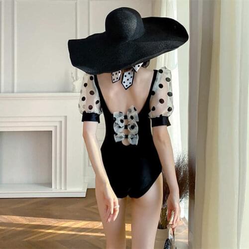 Korean Retro Puff Sleeve Low-Cut Backless Bow-Knot Embellished Polka Dot Print High-Waist Skirt Bodysuit Three-Piece Swimsuit