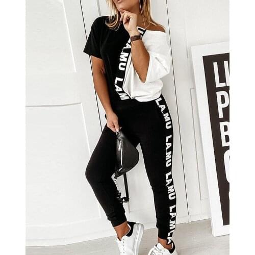 Summer 2 Piece Set Women Lounge Wear Femme Two Piece Lounge Sets Short Sleeve Loose Tops And Pants Black White Patchwork Outfits