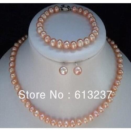 Fashion style 8-9mm Beautiful pink akoya pearl round beads diy Necklace Bracelet Earring Sets GE4005