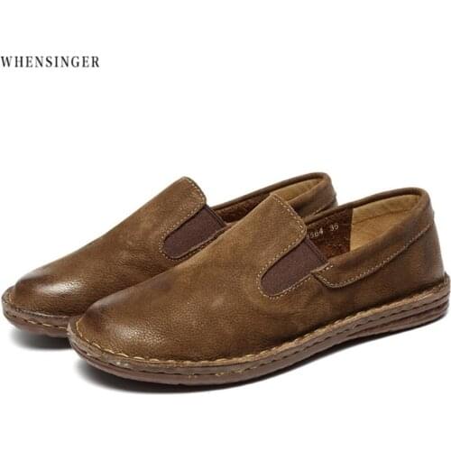 Whensinger -2018 Genuine Leather Womens Flat Shoes Casual Loafers Slip On Women Shoes Flats Soft Moccasins Lady Driving Shoes