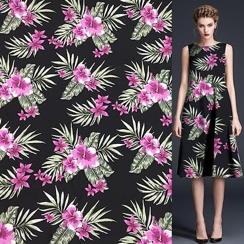 Pure silk fabric spun silk fabric pink floral and leaves on black bottom,SRS071