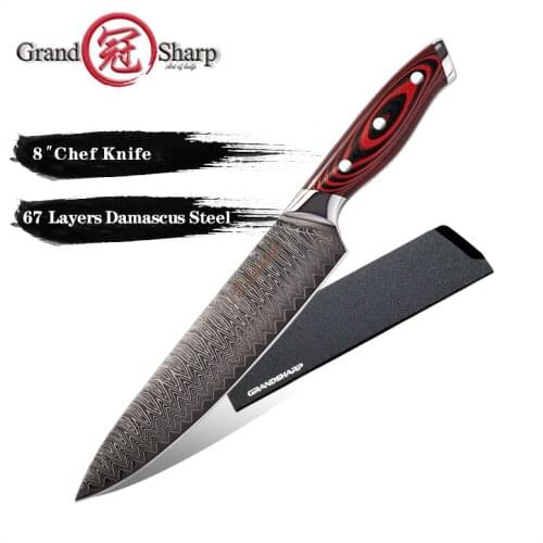 Grandsharp 8 Inch Chef Knife 67 Layers vg10 Damascus Steel Kitchen Knife High Carbon Kitchen Knives Meat Tools with G10 Handle