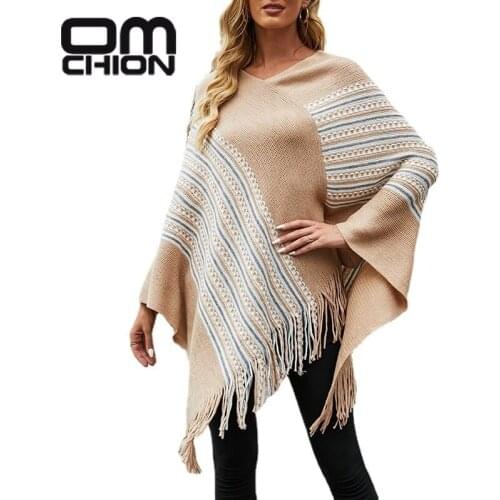 OMCHION V Neck Korean Fashion Poncho Womens Winter Clothing 2021 New Color Striped Tassel Vintage Cloak Feamle Sweater Coat