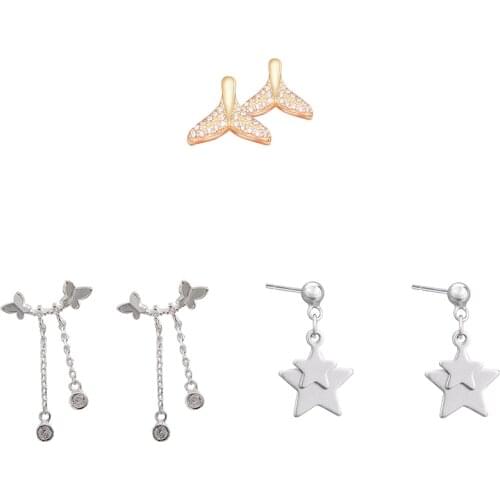 925 Sterling Silver Pin Whale Fishtail Butterfly Double Stars and Other Exquisite Fashion Earrings