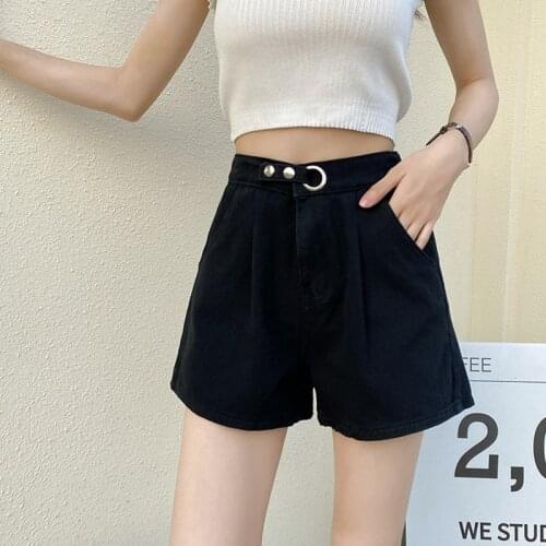 Trendy High Waist Women Retro Wide Leg Black Denim Shorts New Summer Female Elastic Waist Button Loose Ladies Jeans Shorts