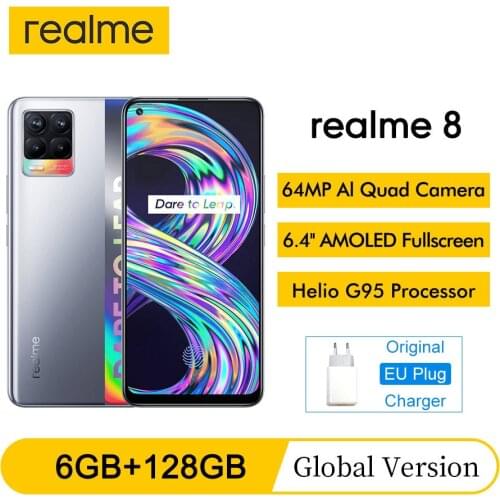 Realme 8 6GB+128GB 6.4"FHD+ AMOLED Display NFC 64MP AI Quad Camera Helio G95 Octa Core 5000mAh 30W Dart Charge Mobile Phone