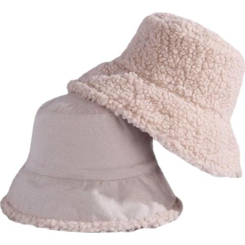 Sparsil Winter Double-sided Wearing Lamb Wool Hat Woman Solid Fleece Warm Fisherman Hats Female New Casual Cashmere Basin Caps