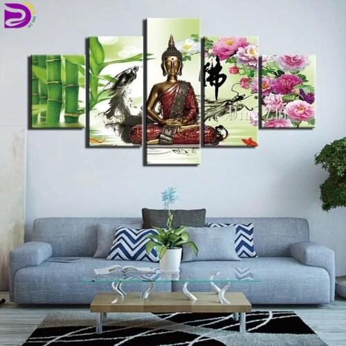 Zen Buddha Statue Full Square Drill Diamond Painting Peony Flower Bamboo Diamond Embroidery 5 Panel Mosaic Sale Religion Pattern