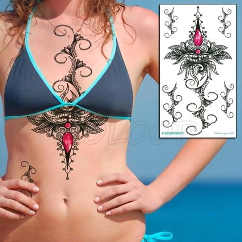 Temporary Chest Tattoo Sticker Hanna Flower vine Mandala Red Diamond Fake Tatoo Flash Tatto Waterproof for Women Men Body Art