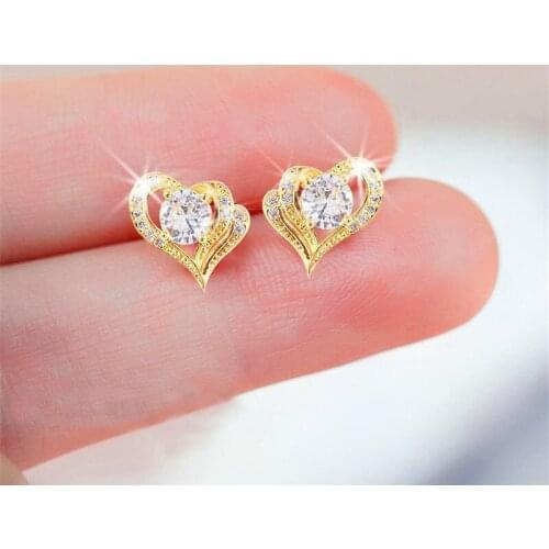 Gold color heart-shaped crystal ladies stud earrings classic crown shiny zircon elegant rose stud earrings fashion jewelry