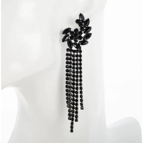 Black Rhinestone Tassel Earrings for Women flower Crystal Earrings For Women Luxury Jewelry Long Dangle Earring Party Gift E604