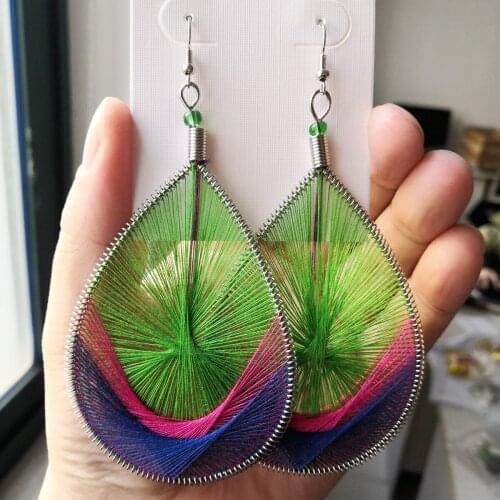 DREAMZEAL Fashion 110x55mm Big Teardrop Shape Handmade Green & Blue Colorful Yarn Thread Women Hook Dangle Drop Earrings
