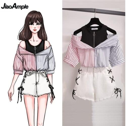 2020 Summer Women Fashion Clothing Set Girls Student Trendy Striped Shirt Shorts Suit Lady Sexy Strapless Chiffon Tops Pants Set