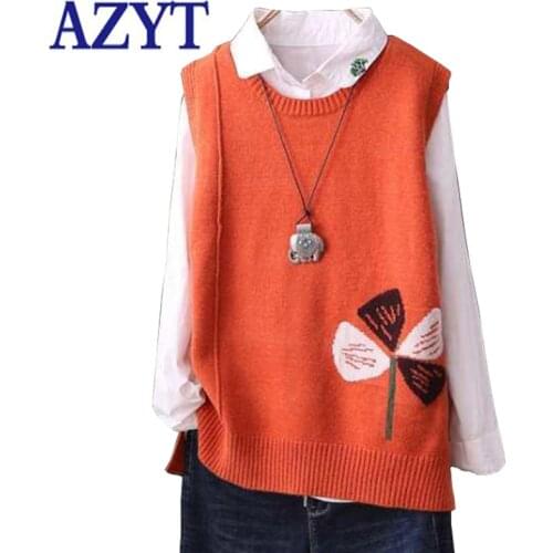AZYT Fashion Pullover O Neck Sweater Vest Women Autumn Loose Jumpers Knitted Sleeveless Tank Tops Female Chic Print Knitwear2021