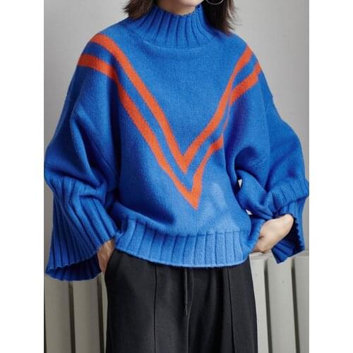 Big Size Blue Striped Knitting Sweater Loose Fit High Collar Long Sleeve Women New Fashion Tide Autumn Winter 2020