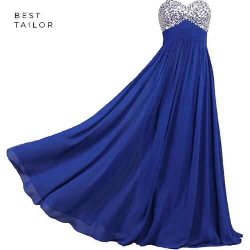 Prom Dresses 2021 Royal Blue Chiffon Long Sweep Pleats Crystal Stunning Wedding Party vestido de fiesta largos noche robe soiree