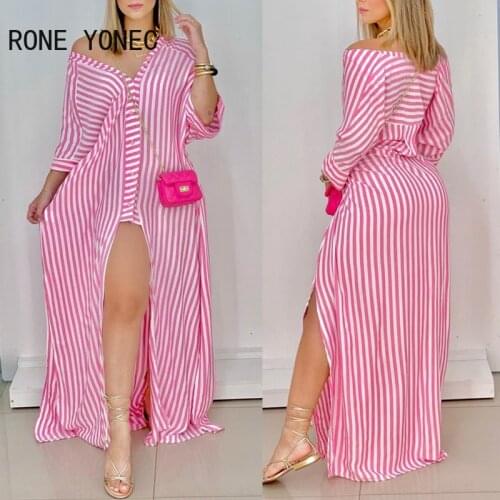 Women Casual Striped Slit V neck Sexy Maxi Dress