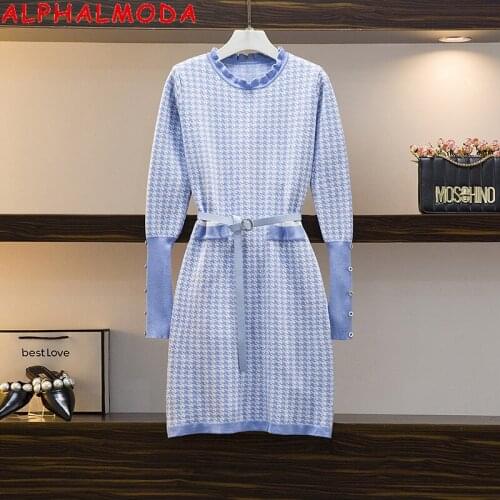 ALPHALMODA New Houndstooth Elegant Dress 2020 Women Autumn Winter Long Sleeve Button Sleeve Retro Knitting Dress