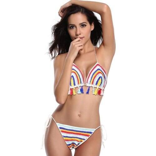 2021 Hand Knitted Stripe Triangle Bikini Set Seven Color Striped Sexy Ladies Swimsuit Beach Summer 2 Piece Set Swimwear Women