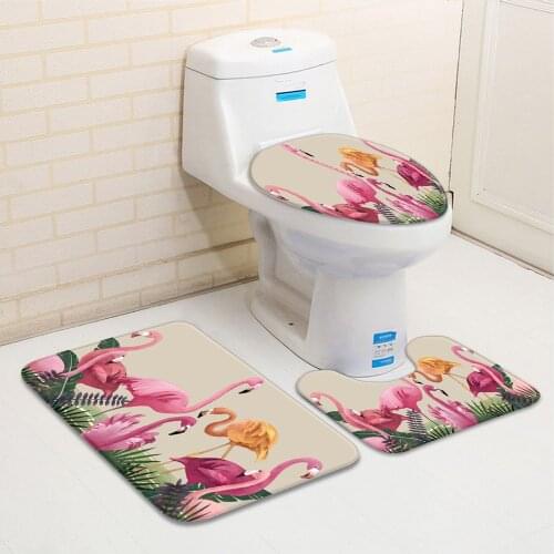 3pcs/Set Flamingo Bathroom Mat Beautiful Bird Tropical Plant Leaves Pattern Flannel Bath Bathtub Toilet Carpet Non-Slip Rug