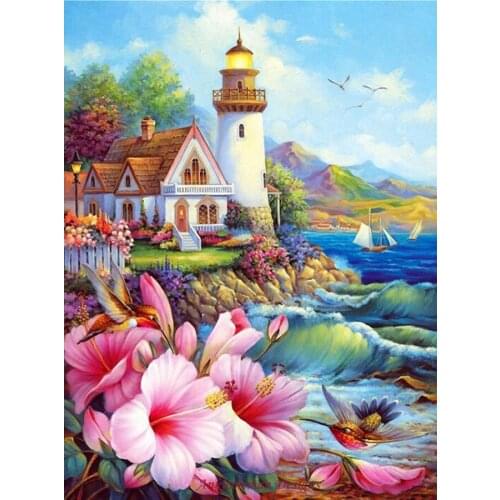 5D diy diamond embroidery beacon full square round drill diamond mosaic diamond painting landscape lighthouse rose decor AA1895