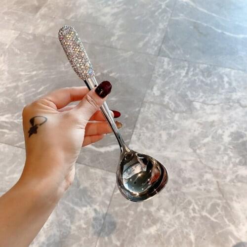 Large Diamond Soup Spoon Stainless Steel Japanese Kitchen Long Handle Spoon 20cm Korean Main Spoon Cutlery Asian Soup Spoon