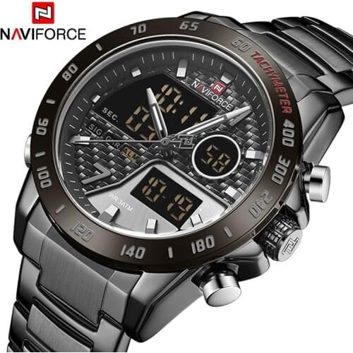 NAVIFORCE Men Led Digital Wristwatches Casual Fashion Dual Time Countdown Stainless Steel Waterproof Luxury Male Quartz Watches
