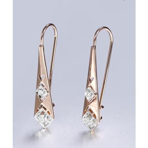 Long Drop Dangle Earrings for Women Girls 585 Rose Gold Geometric Rhombic CZ Stones Fashion Jewelry LGE315