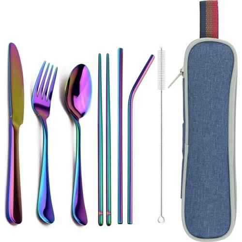 Travel Hiking Dinnerware Set with Reusable Metal Straw Cutlery Stainless Steel Spoon Fork Chopsticks Silverware Portable Pouch