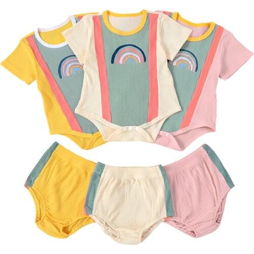 2Pcs Baby Summer Ribbed Tracksuits, Match Color Rainbow Short Sleeves Romper + High-Waist Shorts for Toddler Girls, Boys, 0-24M