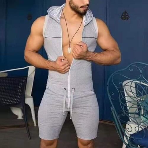 Mens Hoodie Sleeveless Jumpsuit Shorts Comfortable Homewear Casual Mens Jumpsuit Pajamas Solid Zipper Onesies Home Men Clothes
