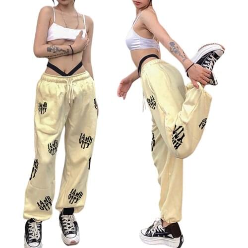 Printed overalls loose casual sports pants high waist pocket pants womens light yellow lettered elastic waist pants