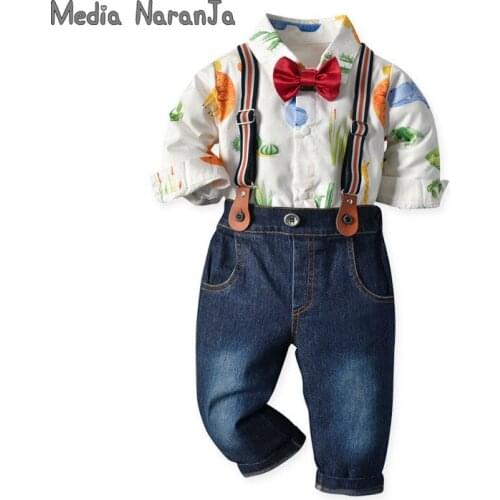 Boys Suit Spring Autumn Baby Long-Sleeved Gentleman Dress Strap clothing set bodysuit/shirt+pants Boy bow tie wedding clothes