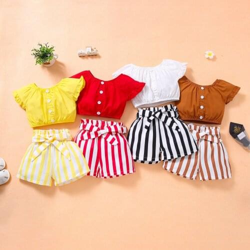 Summer Kids Baby Clothes Toddler Girl Outfits Short Sleeve Button Crop Tops+Casual Stripe Shorts Kids Girl Sets 2-6Y