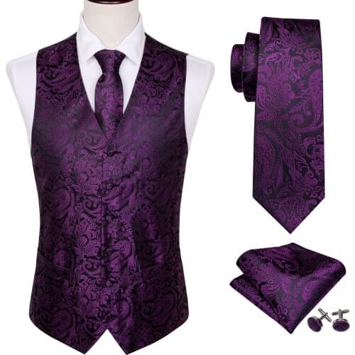 Purple Vest Waistcoat for Men Slim Suit Vest Black Paisley Necktie Set Handkerchief Cufflinks Tie Vest for Business Barry.Wang