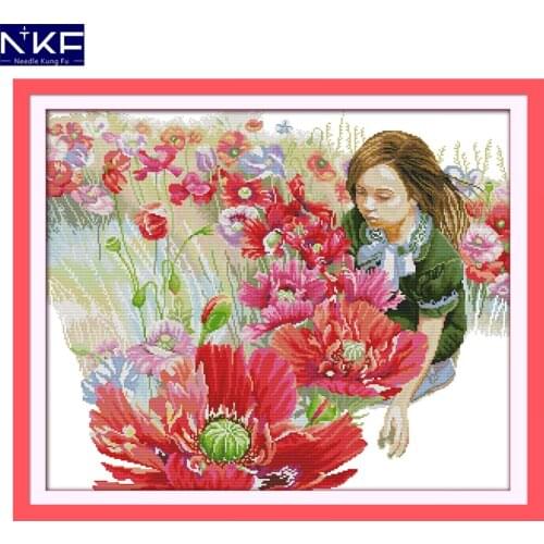 NKF The Girl In The Flowers Counted Cross Stitch Sets Needlework DIY Kits Embroidery Chinese Cross Stitch Pattern for Home Decor