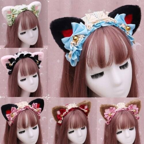 Anime Lolita Cosplay Animal Headband Cute Plush Cat Ears Ruffled Lace Ribbon Bowknot Bell Hair Hoop Masquerade Headpiece