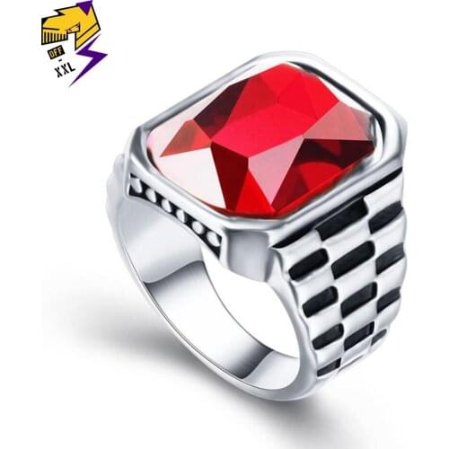 Wedding Bands Clock Watchband Stone Rings Men Silver Color Stainless Steel Big Red Rings Women Wedding Couple Jewelry