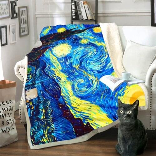 Star Moon Night Van Gogh Painting Printed Blanket Fleece Couch Quilt Cover Bedding Soft Warm Coral Fleece Plush Throw Kids Gift