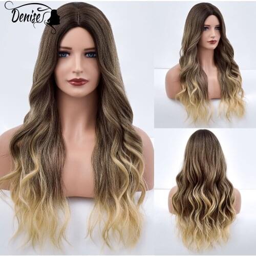 Brown To Blonde Long Wave Synthetic Wigs For White Women Natural Heat Resistant Middle Part Ombre Cosplay Wavy Fibre Female Wig