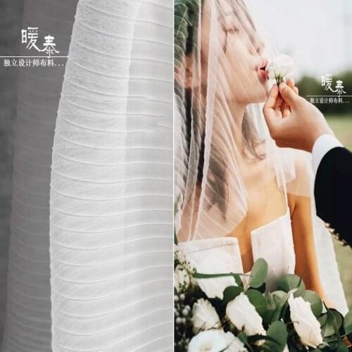 Pleated Mesh Tulle Fabric White Stripe Folds DIY Patchwork Veil Modeling Skirt Wedding Dress Fashion Designer Fabric