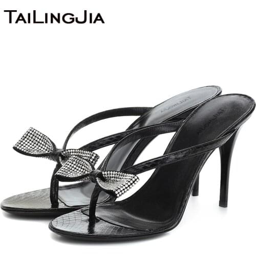 Bow Sandals for Women Rhinestone Shoes Thong Heels Flip Flops Slippers Ladies Elegant Diamond Sandal Shoe Large Size Slide Mules
