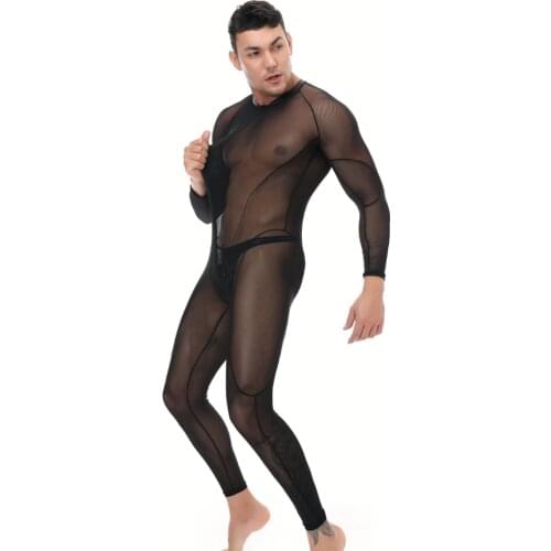 Sexy Mesh Mens Bodystocking+Thong Exotic Parties Night Clubs Fetish Wear Transparent Long Jumpsuit Lingerie Catsuit Bodysuit