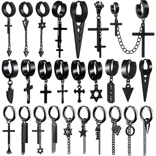 VIVILADY Cross Geometry Moon Star Leaf Triangular Pyramid Fish Bone Hoop Earrings Unisex Man Titanium Steel Rock Pop Boy Gothic